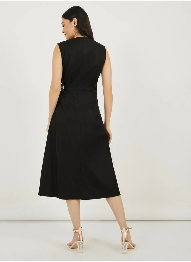 Styli Pleated Front Sleeveless A-Line Midi Dress