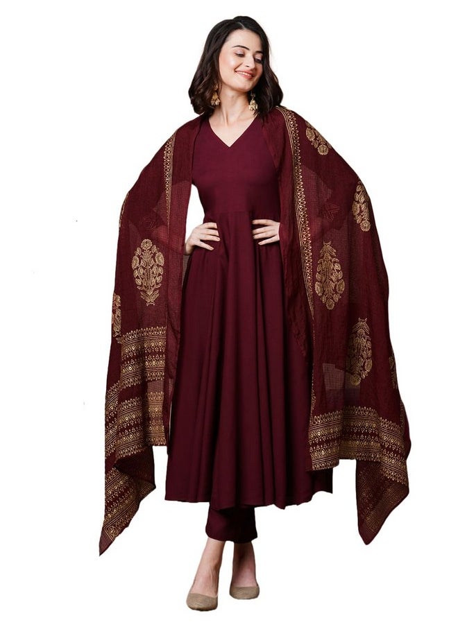 آني ديزاينر - قميص أناركلي كورتا نسائي من مزيج الرايون مع بنطلون ووشاح من تصميم ANNI DESIGNER (Magic-Wine-NDM_S_Wine_Small) - Image 1