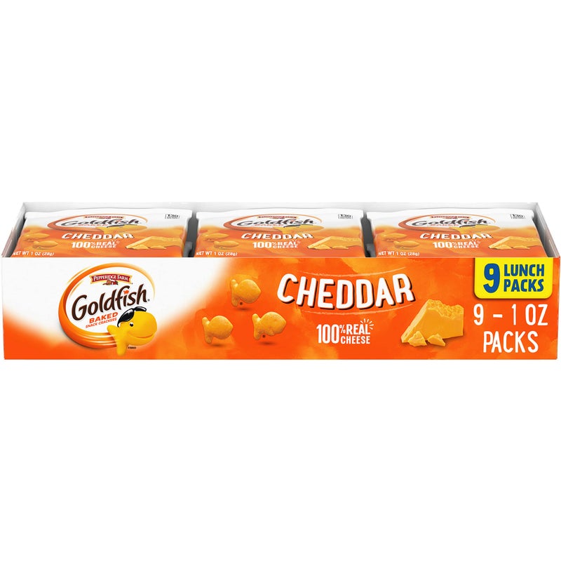 Goldfish Cheddar Cheese Crackers, Baked Snack Crackers, 1 oz On-the-Go Snack Packs, 9 Count Tray - Image 1