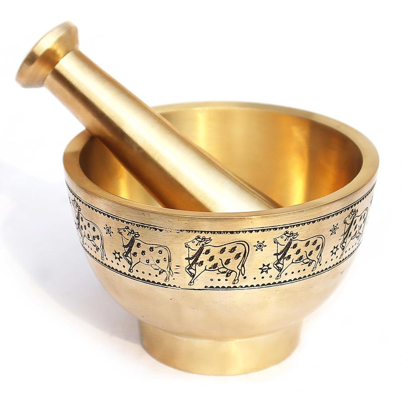 Pure Source India Antique Brass Mortar and Pestle 4 inch Ancient Brushed Cow Embossed Okhli Metal Herb Grinder for Crushing Pills Herbs Vegetables Dry Fruits - Image 1