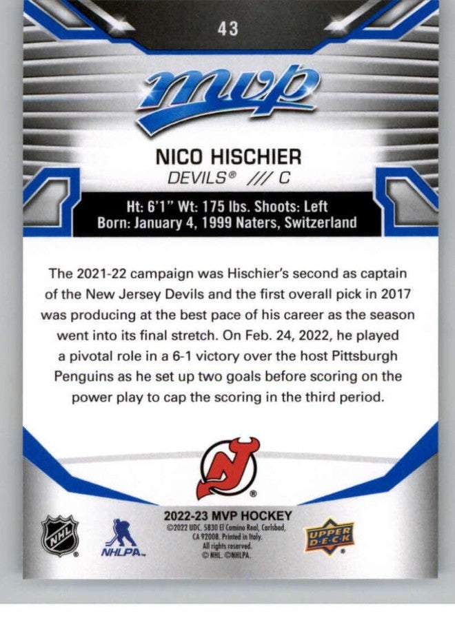 Upper Deck 2022-23 Upper Deck MVP Factory Set Blue #43 Nico Hischier New Jersey Devils Official UD NHL Trading Card (Stock Photo, card is straight from Factory Set in Near Mint to Mint Condition) - Image 2