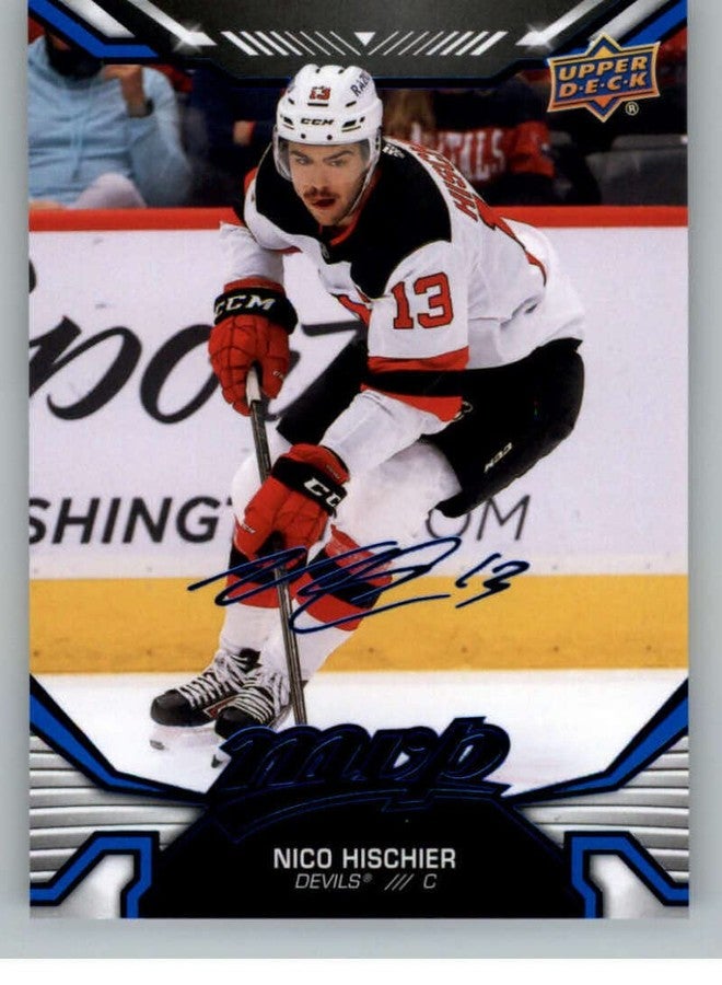 Upper Deck 2022-23 Upper Deck MVP Factory Set Blue #43 Nico Hischier New Jersey Devils Official UD NHL Trading Card (Stock Photo, card is straight from Factory Set in Near Mint to Mint Condition) - Image 1