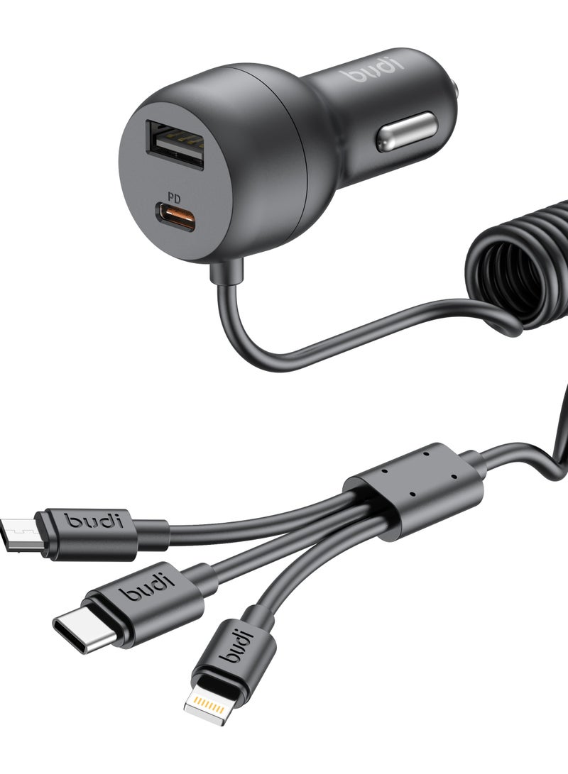 budi 35W Car Charger Enjotment Spring Retractble 3 in 1 Cable - Image 1