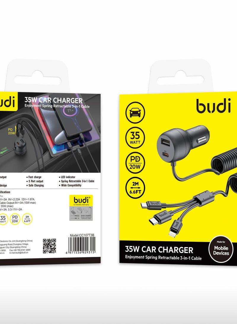 budi 35W Car Charger Enjotment Spring Retractble 3 in 1 Cable - Image 2