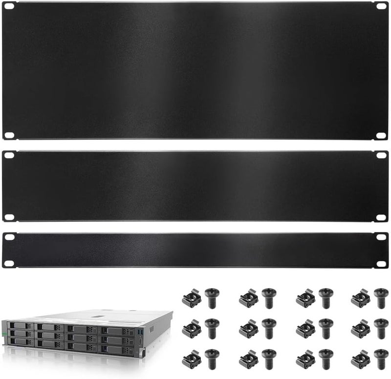 Server Rack, Network Cabinet 1U, 2U, 4U Server Rack Mount Filler Panel, 3 Pcs Blank Rack Mount Panel Spacers, Matte Black Metal Mount Panel Spacers for 19-Inch Enclosure Rack - Image 1