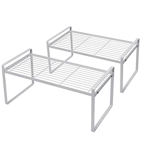Shantton 2Pack Cabinet Shelf Organizer Storage Rack Space Saving for Kitchen Counter Pantry Bathroom Cupboard Under Sink Office Table Desk Steel Stackable Rust Resistant Heavy Duty Nonslip 16” White - Image 1