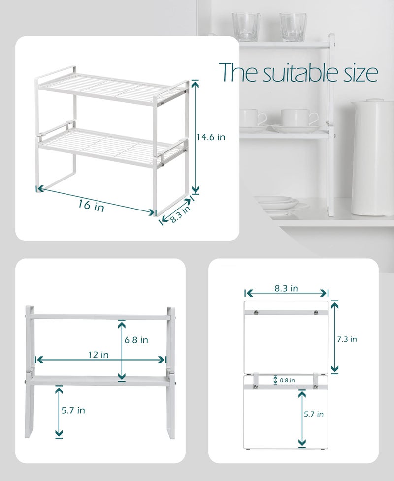 Shantton 2Pack Cabinet Shelf Organizer Storage Rack Space Saving for Kitchen Counter Pantry Bathroom Cupboard Under Sink Office Table Desk Steel Stackable Rust Resistant Heavy Duty Nonslip 16” White - Image 3