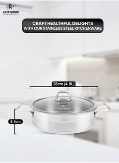 Life Smile 28cm (4.8 Liter) LIFE SMILE Shallow Pot with Lid - 18/10 Pure Stainless Steel - Induction Base Double Handle Fry Pan - Non-Toxic, 100% PFOA, PTFE & PFOS Free - Oven Safe Saute Pan  - Image 3