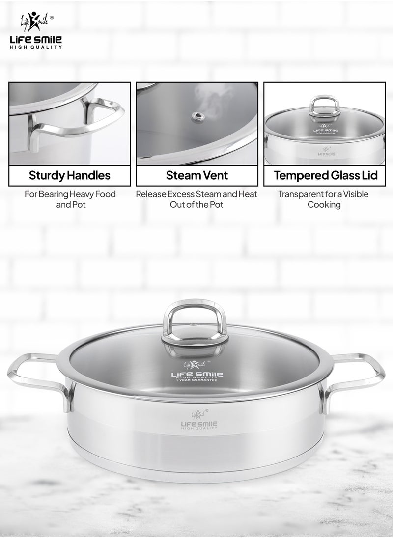 Life Smile 28cm (4.8 Liter) LIFE SMILE Shallow Pot with Lid - 18/10 Pure Stainless Steel - Induction Base Double Handle Fry Pan - Non-Toxic, 100% PFOA, PTFE & PFOS Free - Oven Safe Saute Pan  - Image 5