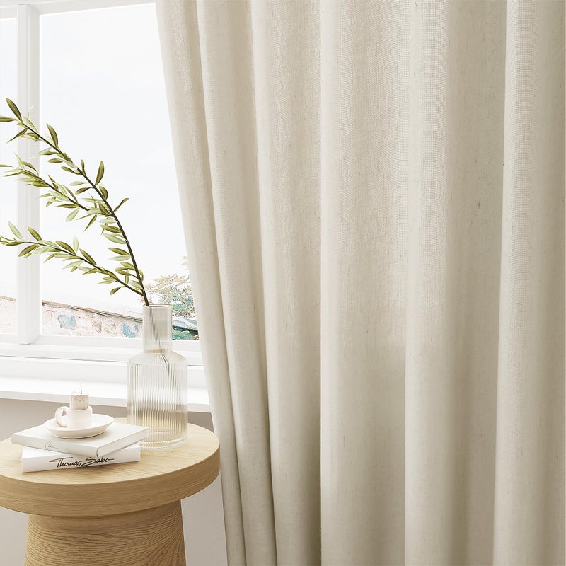 DUKIYO Pinch Pleated 105 Inch Linen Curtains with Hooks Rings Back Tab for Living Dining Room Farmhouse Light Filtering Semi Sheer Custom Memory Shape Pinch Pleat 105 Inch Drapes Grayish Beige Tan 1 Panel - Image 5