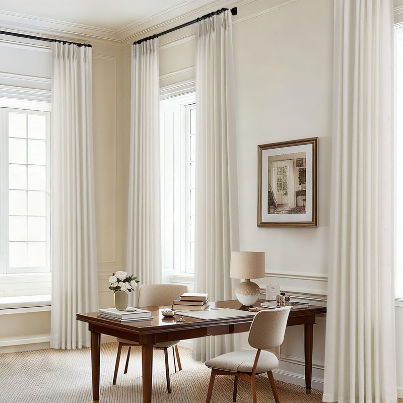 DUKIYO Pinch Pleated 105 Inch Linen Curtains with Hooks Rings Back Tab for Living Dining Room Farmhouse Light Filtering Semi Sheer Custom Memory Shape Pinch Pleat 105 Inch Drapes Grayish Beige Tan 1 Panel - Image 1