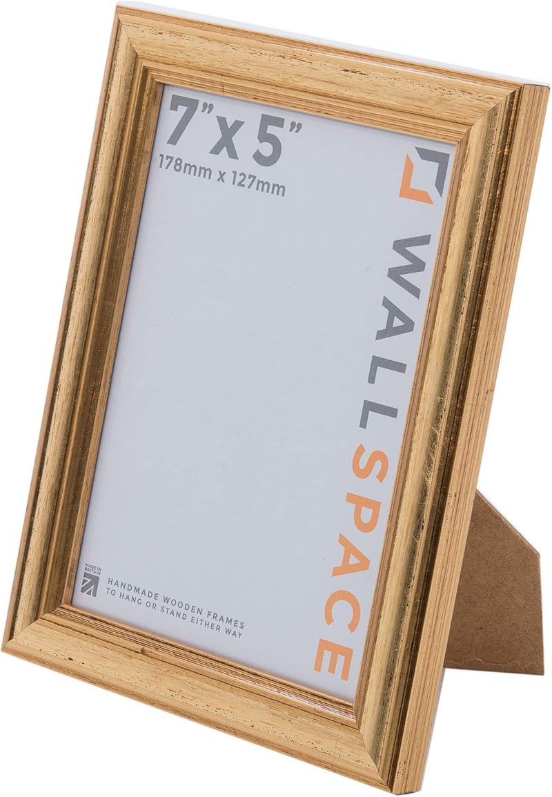 Wall Space 7x5 Gold Picture Frame | Gold 5x7 Photo Frame | 7 x 5 inch | 178x127mm | 17.8x12.7cm | Solid Wood Wooden with Real Glass | Handmade in UK General compatible practical design - Image 1