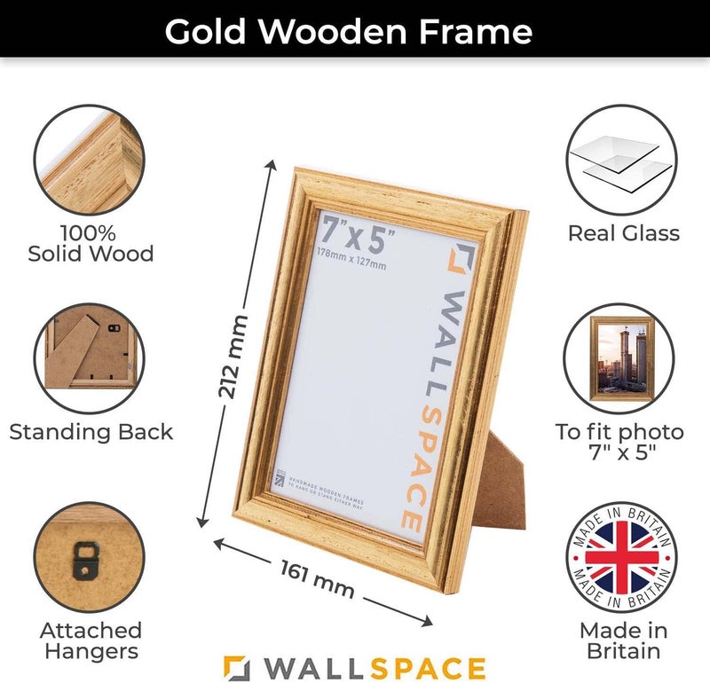 Wall Space 7x5 Gold Picture Frame | Gold 5x7 Photo Frame | 7 x 5 inch | 178x127mm | 17.8x12.7cm | Solid Wood Wooden with Real Glass | Handmade in UK General compatible practical design - Image 2