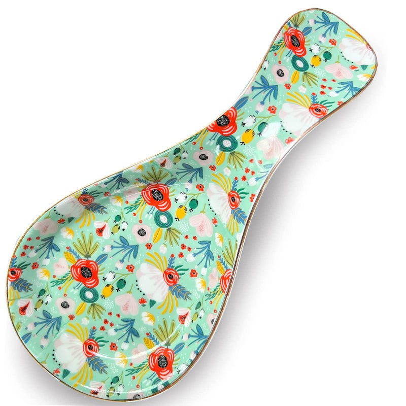 LEAZUL Ceramic Spoon Rest for Stove Top Kitchen Counter Large Spoon Holder Farmhouse Floral Flowers Print Coffee Spoon Cooking Utensil Tools Rest Modern Kitchen Decor