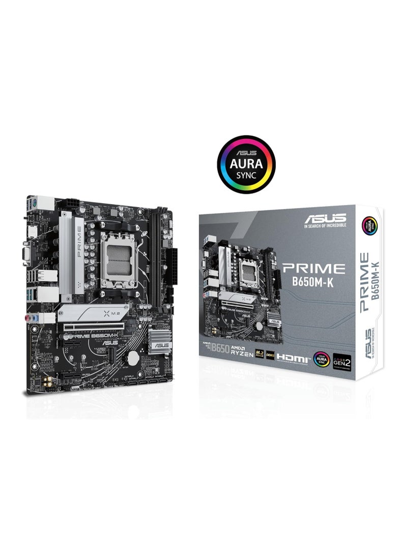 ASUS MB AMD AM5 Prime B650M-K DDR5, PCIe 5.0 M.2, 2.5Gb Ethernet, HDMI™, VGA, rear USB 3.2 Gen 2, front USB 3.2 Gen 1 Type-C®, BIOS FlashBack™, Aura Sync - Image 1