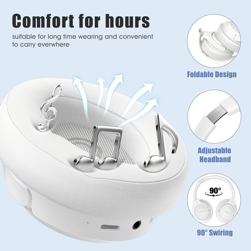 BERIBES Bluetooth Headphones Over Ear, 65H Playtime and 6 EQ Music Modes Wireless Headphones with Mic, HiFi Stereo Foldable Lightweight Headset, Deep Bass for Home Office Cellphone PC Etc.(White) - Image 4