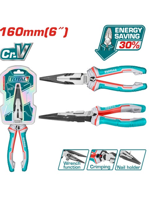 Total High Leverage Long Nose Pliers 6" | Energy-Saving Cr-V Steel Design | Comfortable TPR Handle with Crimping, Nail Holder, and Spanner Functions