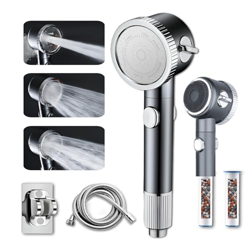 YACVRLT Filtered High Pressure Shower Head with Handheld Detachable Shower Head for Hard Water 3Mode Showerhead and Handle Set 2 Filter Replacement Grey - Image 1