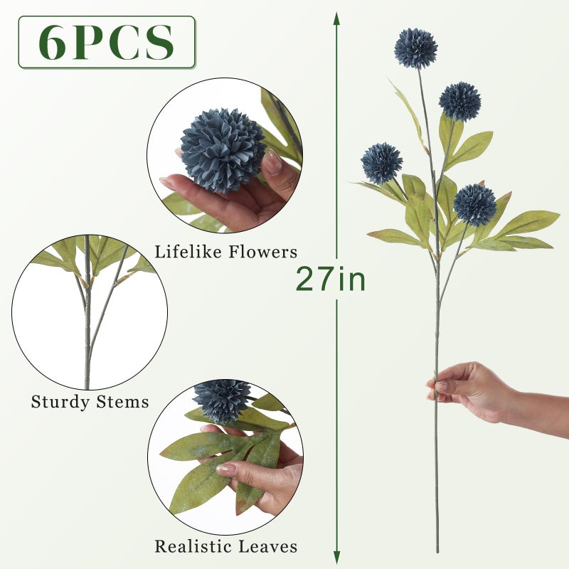 VIERENA 6 Pcs Faux Silk Pompon Mum Artificial Flowers for Vase -27", Bulk Fake Chrysanth Branches with Stems for DIY Bouquet Centerpieces Wedding Fillers Arrangements Shower Decorations (Dark Blue) - Image 5