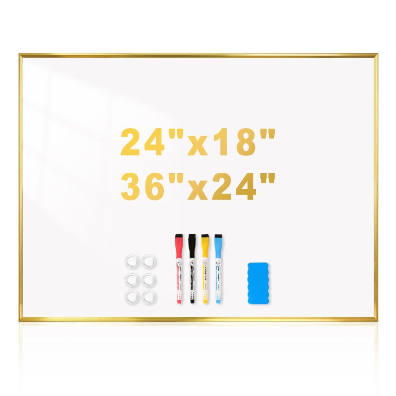 QUEENLINK Magnetic Whiteboard 24x18 Gold Aluminum Frame Dry Erase White Board for Wall Hanging Wipe Board with 6 Magnets 4 Markers 1 Eraser for Home Office School