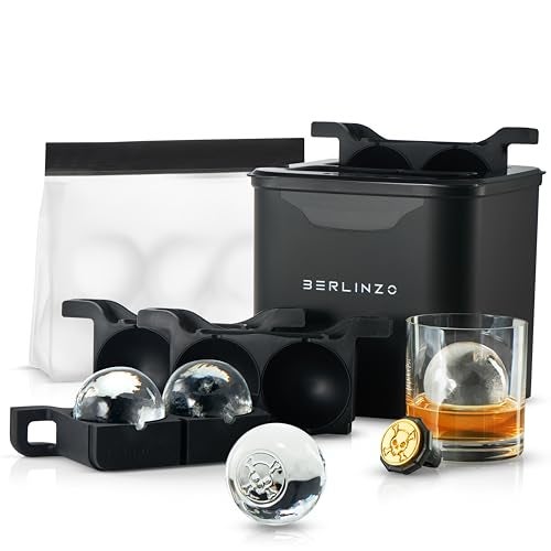 Berlinzo Premium Clear Ice Ball Maker Mold  4 Large 24inch Crystal Clear Ice Balls for Whiskey Cocktail EasytoRemove Ice Sphere MoldStorage Bag  Ice Press Stamp Ring Included Black