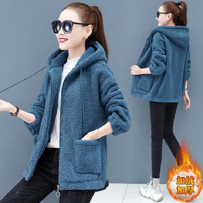 Large size lamb fleece sweater women plus velvet padded 2022 autumn and winter loose Korean zipper warm cardigan coat trendy Blue  - Image 1