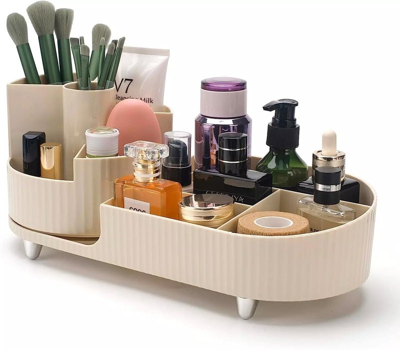 ROKTRY 360 Rotating Makeup Desk Cosmetic Storage Box Organizer with DrawersCosmetic Dressing Table Sorting PlasticDesktop Cosmetics JewelrySkincare Storage Box in off white color - Image 1