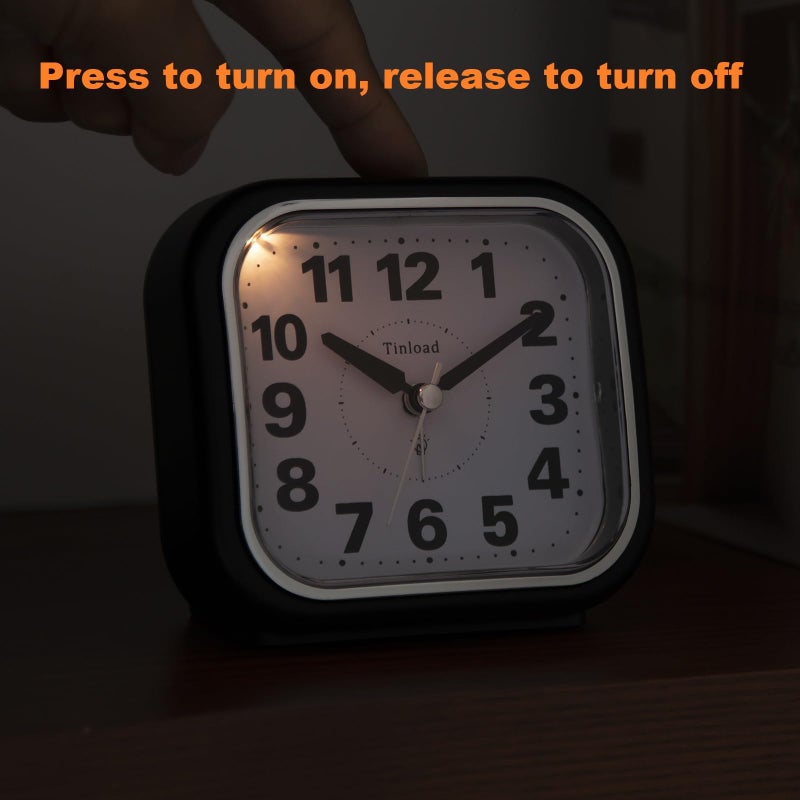 Tinload 4.5" Compact Analog Alarm Clock, Silent Readable for Seniors, Easy to Set, Gradual Rise Alarm, Big Numbers, On/Off Switch on Side, Gentle Wake, Snooze, Lighted on Demand, Battery Operated, Black - Image 5