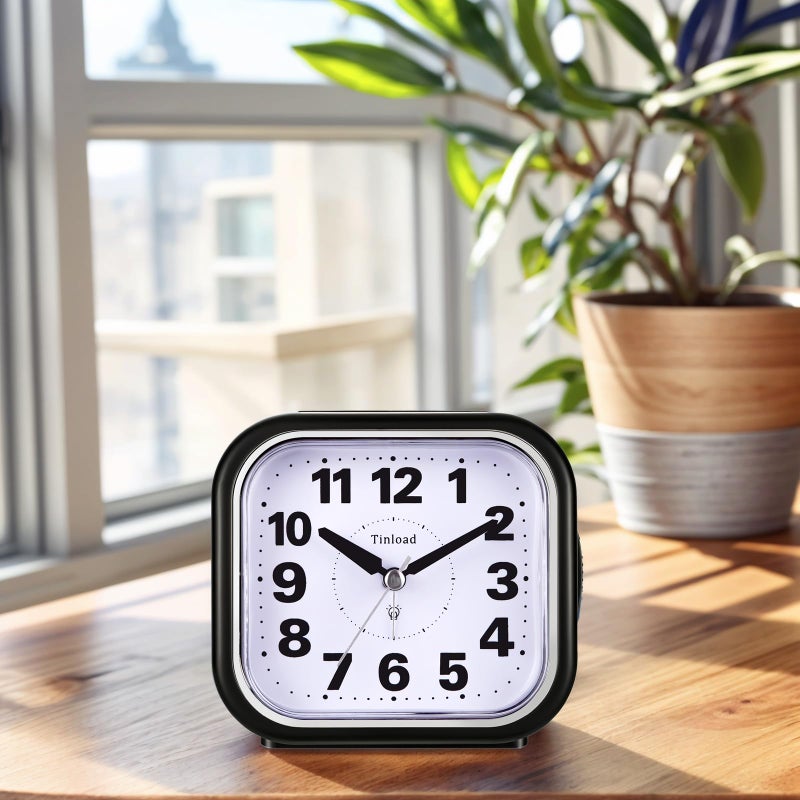 Tinload 4.5" Compact Analog Alarm Clock, Silent Readable for Seniors, Easy to Set, Gradual Rise Alarm, Big Numbers, On/Off Switch on Side, Gentle Wake, Snooze, Lighted on Demand, Battery Operated, Black - Image 3