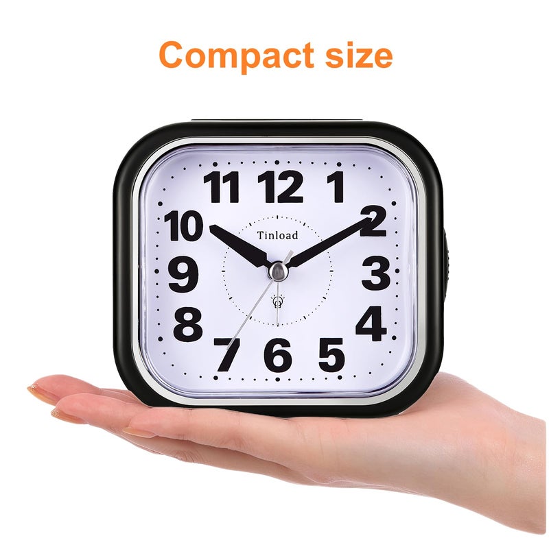 Tinload 4.5" Compact Analog Alarm Clock, Silent Readable for Seniors, Easy to Set, Gradual Rise Alarm, Big Numbers, On/Off Switch on Side, Gentle Wake, Snooze, Lighted on Demand, Battery Operated, Black - Image 2