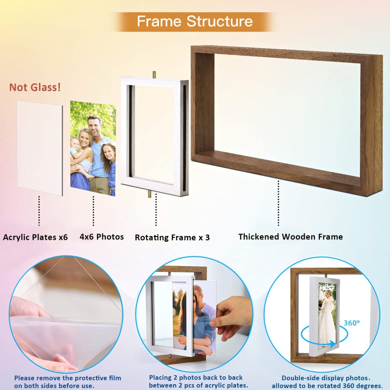 ZEEYUAN 4x6 Rotating Picture Frame Desktop Rustic 4x6in Wooden Photo Frames, Double Side-Display 6 Photos, Floating 4x6 Collage Family PictureFrame for Tabletop Display - Image 4