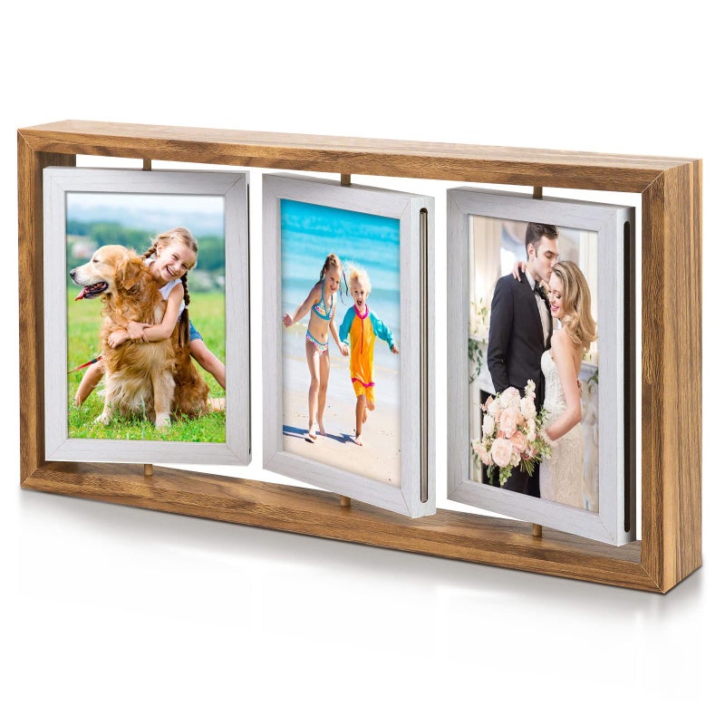 ZEEYUAN 4x6 Rotating Picture Frame Desktop Rustic 4x6in Wooden Photo Frames, Double Side-Display 6 Photos, Floating 4x6 Collage Family PictureFrame for Tabletop Display - Image 1