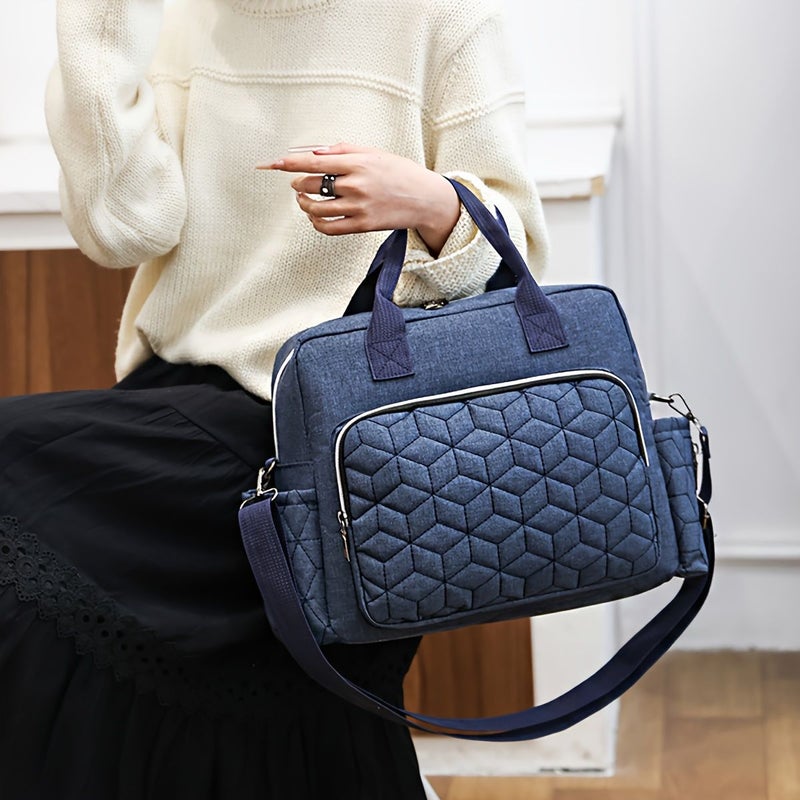Navy Blue Diamond Quilted Crossbody Mummy Bag Large Capacity Travel Portable Mommy Bag - Image 1