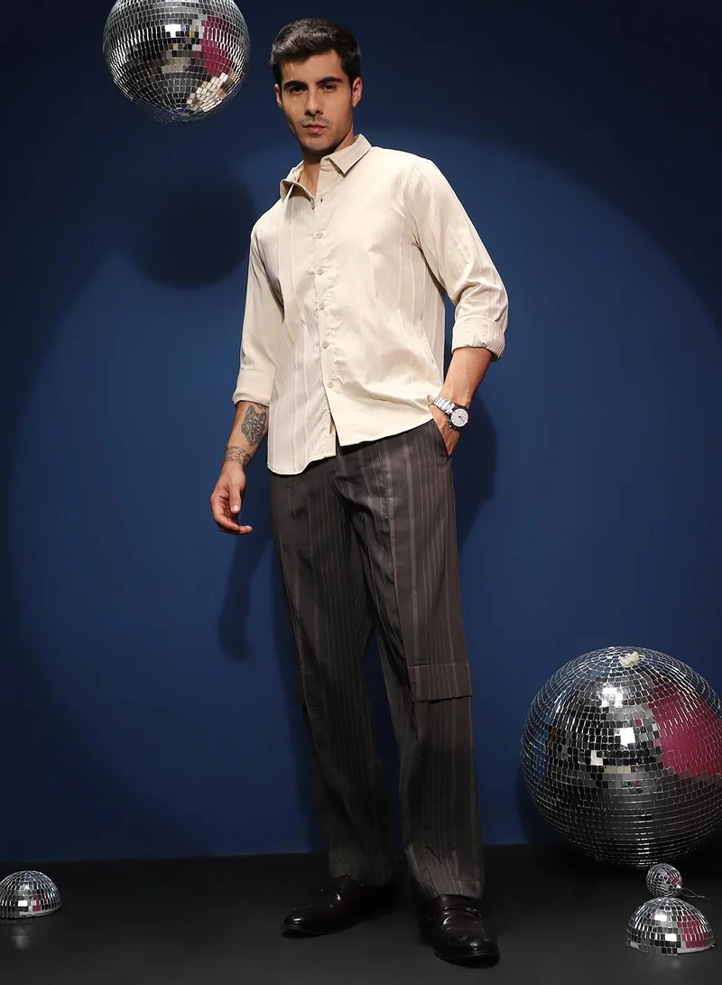Campus Sutra Lightweight - Unbalanced-Ridge Straight Trousers