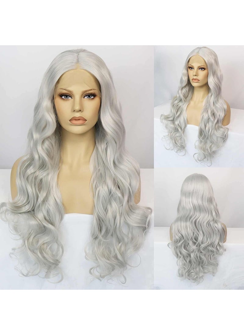 Ebingoo Ebingoo 26 Inch Silver Gray Lace Front Wig+Wig Cap Wavy Silver Wig for Women Curly Lace Front Wig Silver Princess Wig for Halloween Cosplay Women Daily Wear 