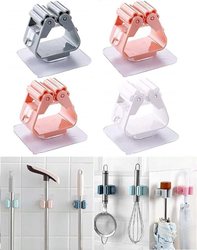 JENICO WORLD JENICO WORLD No Drill Self Adhesive Broom Mop Holder Wall Mounted Wiper Holder on Wall in Bathroom Kitchen SinkPlastic mop Holder Wall Mount Tool Sticker Hanger OrganizerSmallMulticolored Set 4 - Image 1