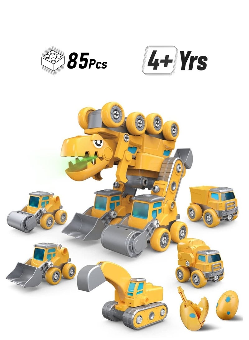 Construction Truck Toys, 5-in-1 Take Apart Dinosaur Transform Vehicles Set with Egg & Screwdriver, Light Sound, Educational STEM Building Toys Gifts for 4+ Year Old Boys Girls  - Image 1