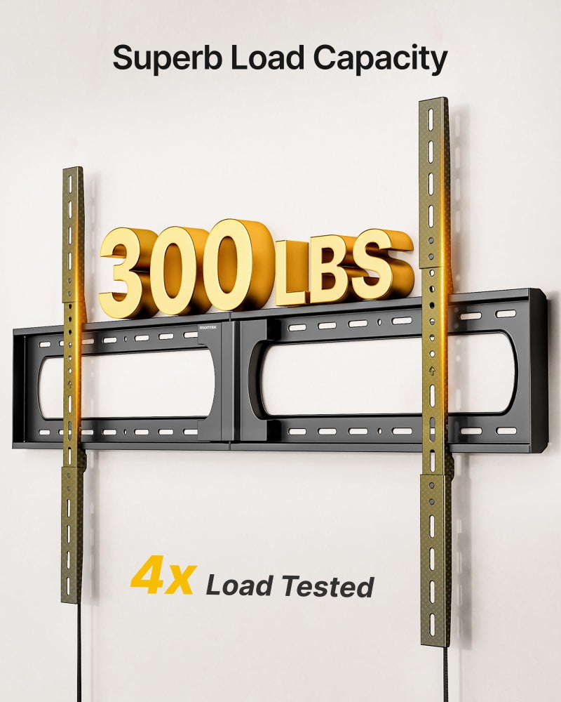 monTEK Heavy Duty XXL Fixed TV Wall Mount for 37â€“140" Flat & Curved TVs up to 300 lbs, 4Ã— Load Tested, 1.25" Ultra Slim Low Profile Bracket, Fits 16"/18"/24" Wood Studs,VESA 1200Ã—800mm TM1007W-XLF - Image 3