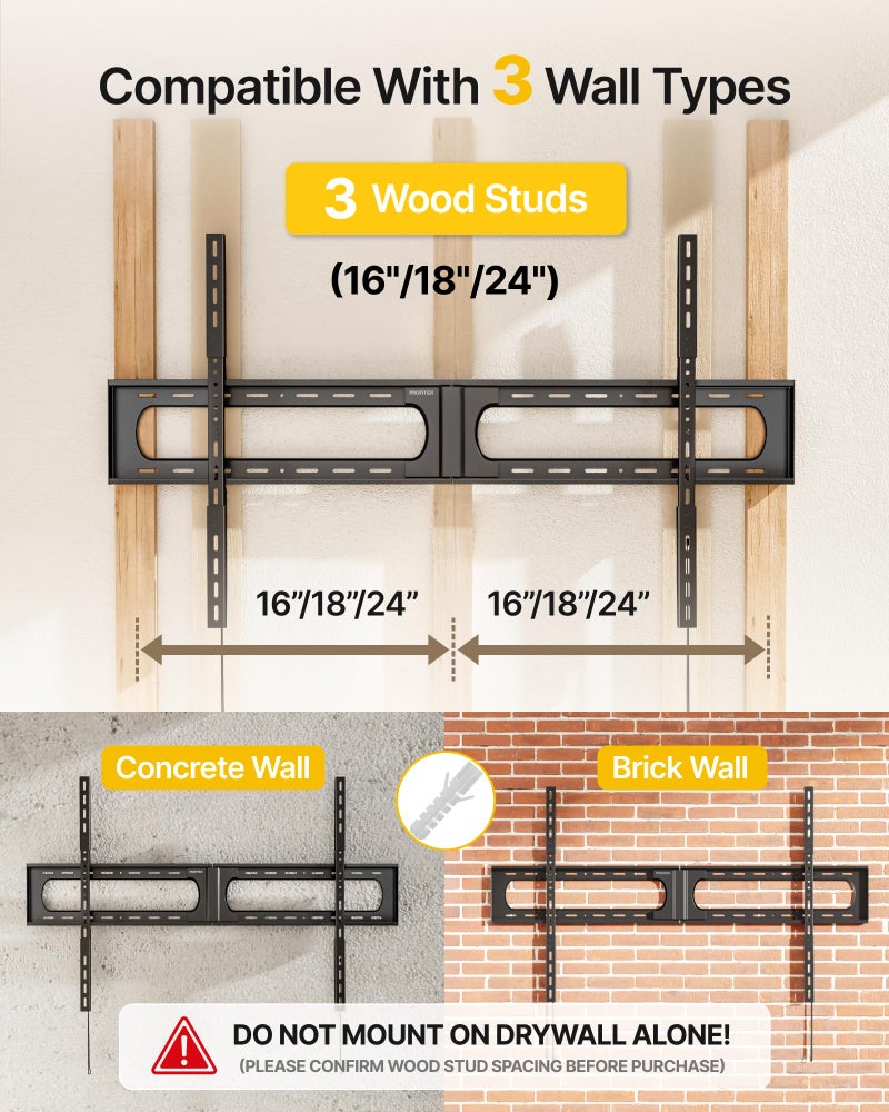 monTEK Heavy Duty XXL Fixed TV Wall Mount for 37â€“140" Flat & Curved TVs up to 300 lbs, 4Ã— Load Tested, 1.25" Ultra Slim Low Profile Bracket, Fits 16"/18"/24" Wood Studs,VESA 1200Ã—800mm TM1007W-XLF - Image 4