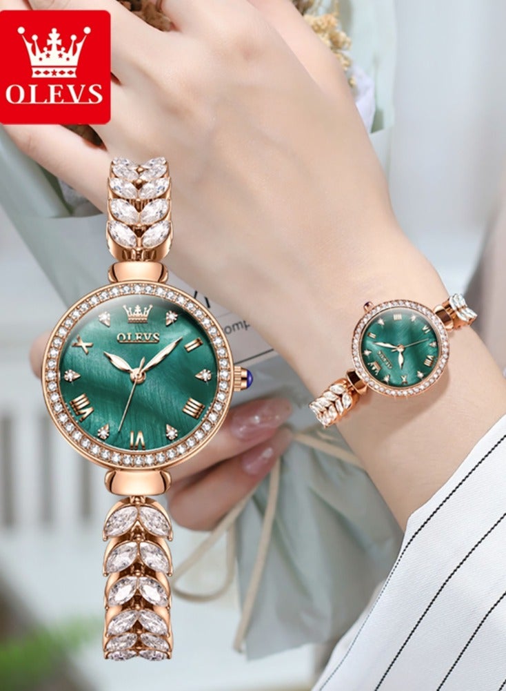 أوليفز ساعات OLEVS 9971 النسائية الأنيقة والعصرية ساعة يد أصلية مقاومة للماء بحزام عظم السمك وعقارب مضيئة وإطار من الماس - Image 1