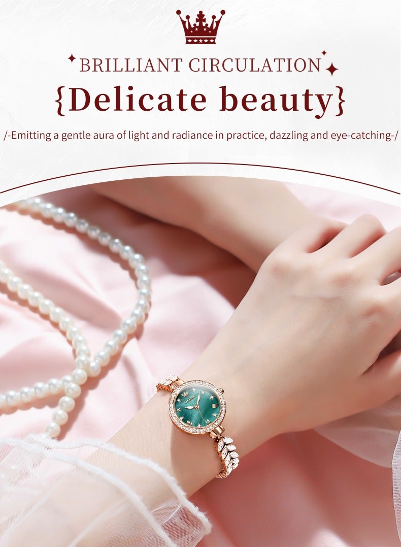 أوليفز ساعات OLEVS 9971 النسائية الأنيقة والعصرية ساعة يد أصلية مقاومة للماء بحزام عظم السمك وعقارب مضيئة وإطار من الماس - Image 4