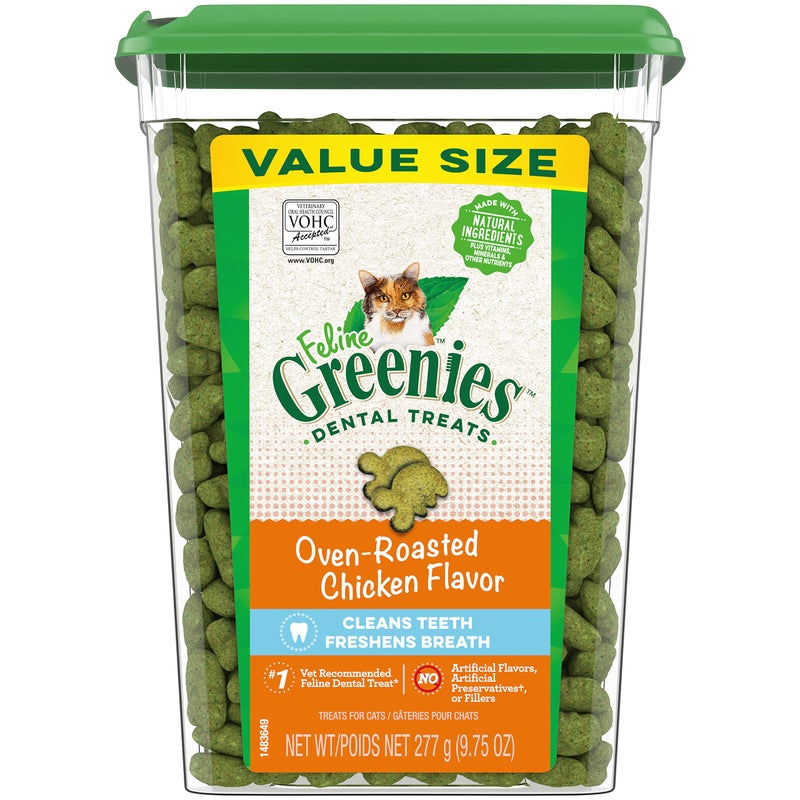 Greenies Feline Adult Dental Cat Treats, Oven Roasted Chicken Flavor, 9.75 oz. Tub - Image 1
