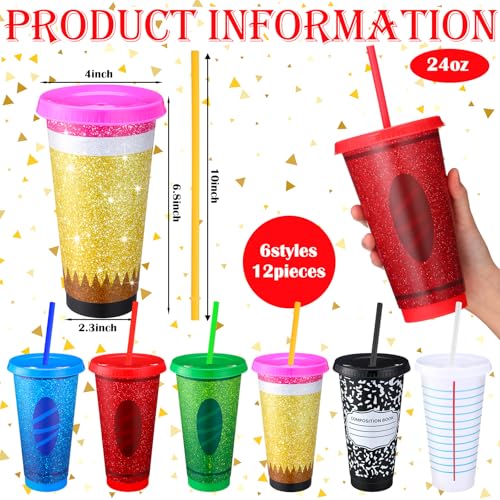 Skylety 24Pcs Teacher Appreciation Gift Bulk Back to School Teacher Gifts Include 12 Reusable 24oz Plastic Cup with Lid Straw for End of The Year Thank You Teachers Gift with 12 Ballpoint PensCute - Image 3