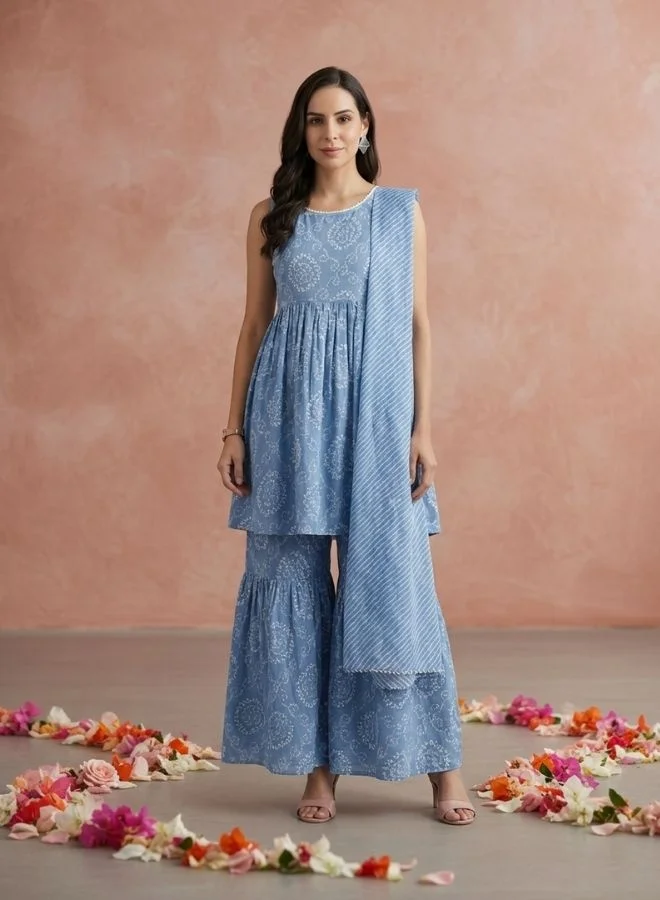 Yuris Yuris Women Blue  White Bandhani Printed Pure Cotton Kurta with Sharara  Dupatta