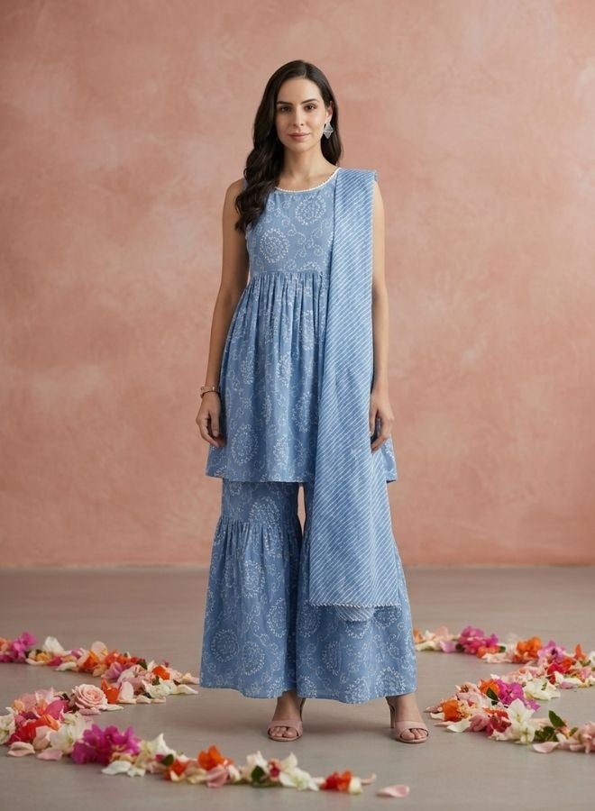 Yuris Women Blue  White Bandhani Printed Pure Cotton Kurta with Sharara  Dupatta - Image 1