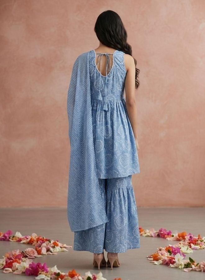 Yuris Women Blue  White Bandhani Printed Pure Cotton Kurta with Sharara  Dupatta - Image 5