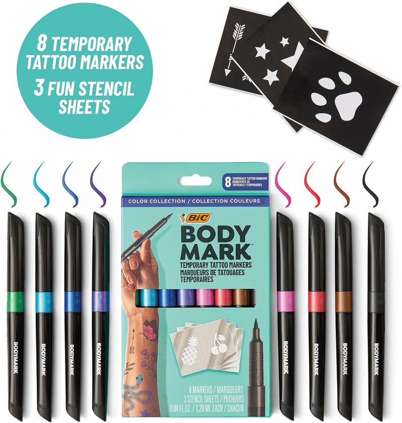 بودي مارك علامة الوشم المؤقت BIC BodyMark، قلم وشم مؤقت، ألوان متنوعة، 8 قطع - Image 2