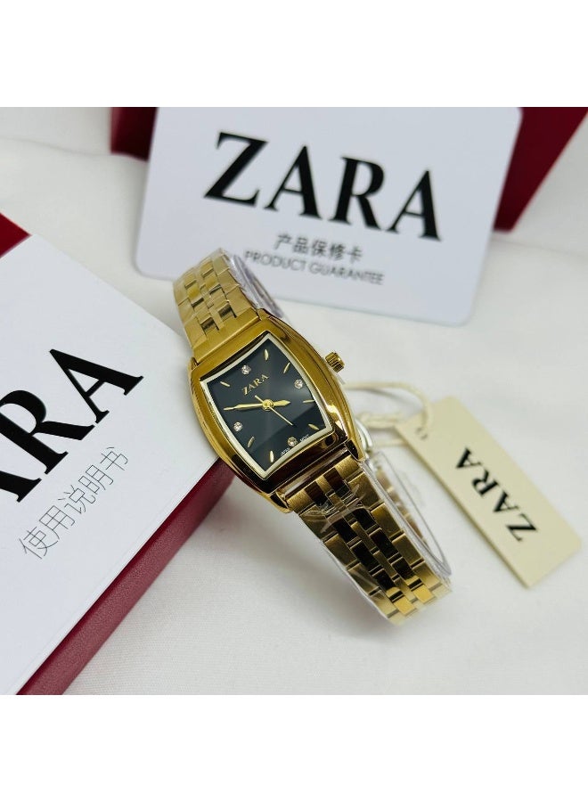 ZARA Luxury Women's All-Gold Barrel Watch | Black Dial with Crystal Markers | Stainless Steel Bracelet