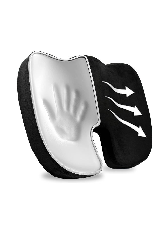 وسادة مقعد من إسفنج الذاكرة بتصميم محيطي أسود - تصميم مريح على شكل حرف W لدعم وضعية الجسم، وتخفيف آلام عرق النسا والظهر، وراحة عظم العصعص والورك، وقاعدة مضادة للانزلاق، وغطاء مخملي قابل للغسل - مثالية لكرسي المكتب، والسيارة، والكراسي المتحركة، واليوغا، والاستخدام المنزلي - Image 2