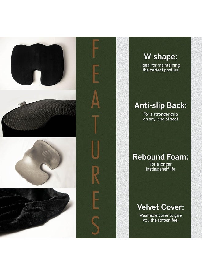 وسادة مقعد من إسفنج الذاكرة بتصميم محيطي أسود - تصميم مريح على شكل حرف W لدعم وضعية الجسم، وتخفيف آلام عرق النسا والظهر، وراحة عظم العصعص والورك، وقاعدة مضادة للانزلاق، وغطاء مخملي قابل للغسل - مثالية لكرسي المكتب، والسيارة، والكراسي المتحركة، واليوغا، والاستخدام المنزلي - Image 3